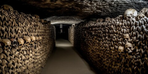 un ossuaire souterrain avec plein de cranes sur les murs - generative ai - obrazy, fototapety, plakaty