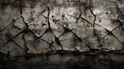 Rough and gritty concrete texture with cracks and patches in grey and black. Generative AI