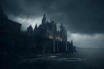 great black castle and towers dark weather cinematic Generative AI