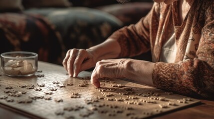 Relaxed woman doing a puzzle on a cozy couch in a comfortable living room. Generative AI.