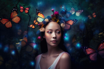 Woman in a mystical forest with glowing butterflies surrounding her and a halo of flowers in her hair, generative ai