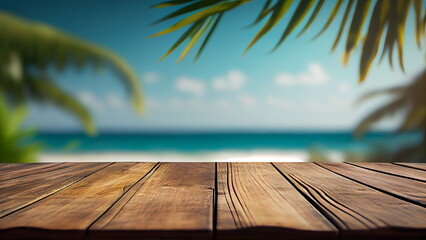 Wooden table or dock floor and palm leaves with blurred background with Generative AI.