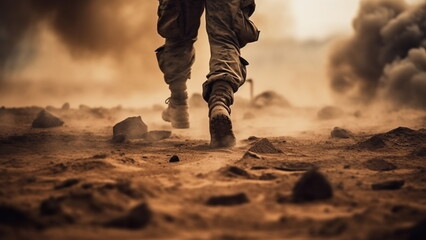 Military special forces soldier crosses destroyed warzone through fire and smoke in the desert with Generative AI.