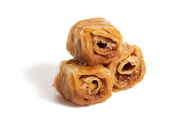 Turkish sweet pastry baklava with walnuts isolated on white background. 