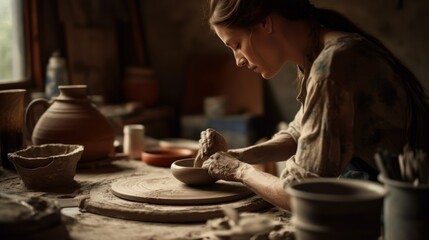 Focused woman doing a pottery on a wheel in an art studio with precision. Generative AI.