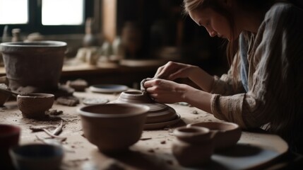 Naklejka na ściany i meble Focused woman doing a pottery on a wheel in an art studio with precision. Generative AI.