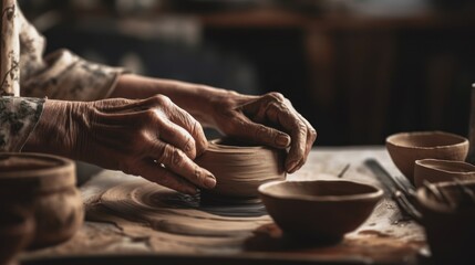 Fototapeta na wymiar Focused woman doing a pottery on a wheel in an art studio with precision. Generative AI.