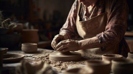 Focused woman doing a pottery on a wheel in an art studio with precision. Generative AI.
