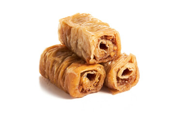 Turkish sweet pastry baklava with walnuts isolated on white background. 