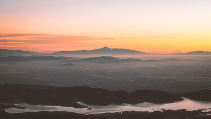 morning glowing light on the summits of Kisavos