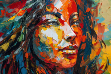 woman's portrait depicted in abstract expressionism style with bold brushstrokes and bright colors to capture her fiery spirit and fierce determination, generative ai