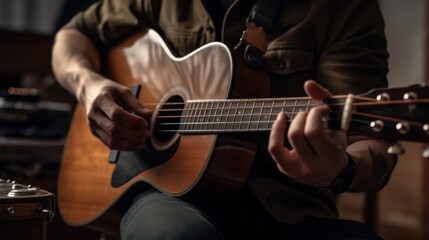 Focused man playing guitar in a music studio with skill and creativity. Generative AI.