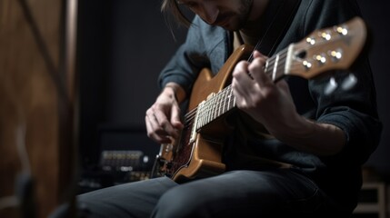 Fototapeta premium Focused man playing guitar in a music studio with skill and creativity. Generative AI.