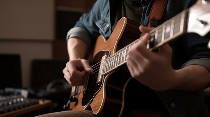 Focused man playing guitar in a music studio with skill and creativity. Generative AI.