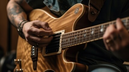 Obraz na płótnie Canvas Focused man playing guitar in a music studio with skill and creativity. Generative AI.