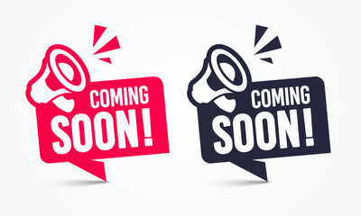 Speech Bubble Label Set With Megaphone Icon And Text Coming Soon