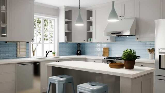 Spacious bright kitchen with a blue apron and blue chairs. 3d animation. 
