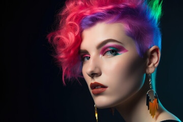 80s New Wave Portrait of a Woman with Brightly Colored Hair and Geometric Earrings, generative ai