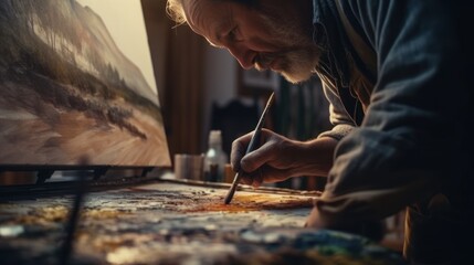 Focused man painting a landscape on a canvas in an art studio. Generative AI.