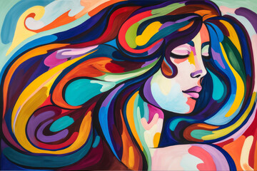 Abstract portrait of a woman with flowing hair and vibrant colors in the modernist art style, generative ai