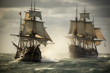 Obraz premium old british ship fighting old french ship Generative AI