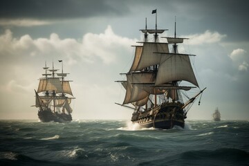 old british ship fighting old french ship Generative AI