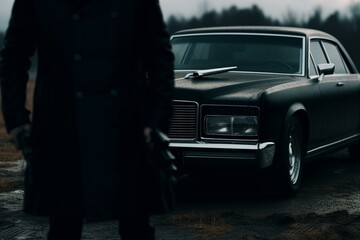 mob in front of black car and gun in hand cinematic Generative AI