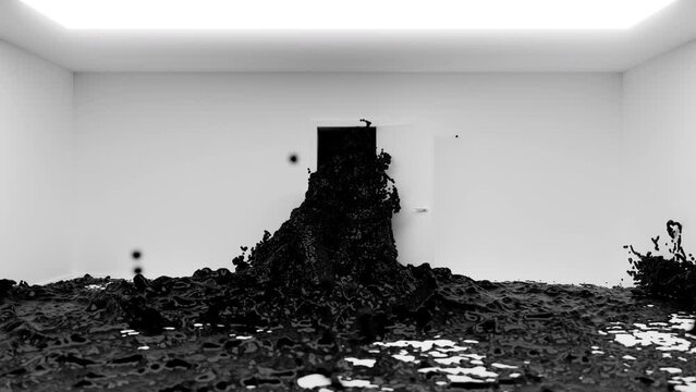 The door opens and a black liquid pours into the white room surreal 3d animation.