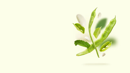 Flat pods of raw helda romano beans and green leaves float over light background. Summer vitamins diet, Healthy nutrition vegetarian concept. Flying food and organic vegetables. Copy space. Banner