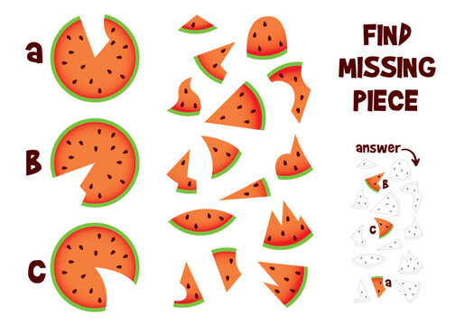 Find the missing piece of watermelon. Puzzle Hidden Items. Matching game. Educational game for children. Colorful vector illustration. Isolated on white background