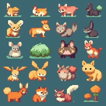 Set sprite of cute pixel art animals for gaming assets. Generative ai