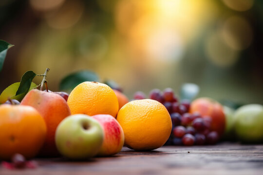 Picture of healthy food and fruits, World health day, bokeh Generative AI