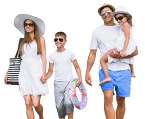 Happy family on vacations walking together