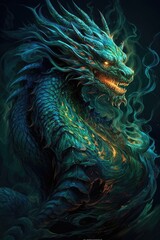 Fototapeta na wymiar a chinese dragon that has bright green & blue skin & flaming eyes - generative ai