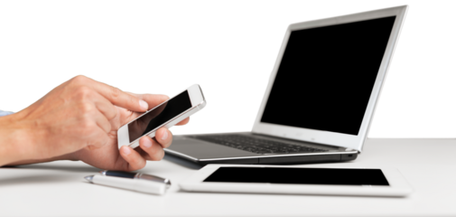 Male hands on laptop on a white background