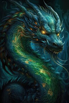 a chinese dragon that has bright green & blue skin & flaming eyes - generative ai