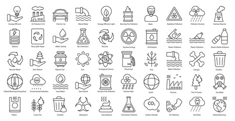 Pollution Thin Line Icons Ecology Environment Icon Set in Outline Style 50 Vector Icons in Black	