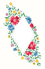 Bright Chintz Romantic Meadow Wildflowers Vector Diamond Frame. Cottagecore Garden Flowers and Foliage Wedding Invitation. Homestead Bouquet. Farmhouse Background