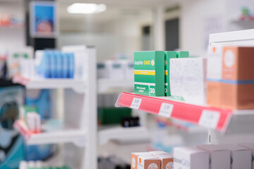 Healthcare retail store with pharmaceutical products and drugs packages on shelves, medicaments boxes and vitamins bottles. Empty pharmacy shop filled with supplements and pharmaceutics capsule