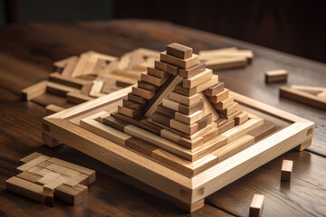 An impossible geometric puzzle made of wood create by generative AI technology. - obrazy, fototapety, plakaty