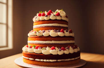Cake. Delicious cake with custard, berries. Generative AI.