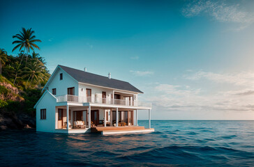 House on water. Secluded residential building in ocean, sea. Generative AI.
