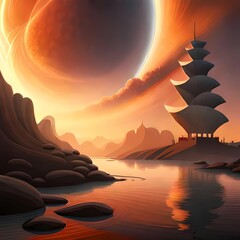 landscape with a beautiful effect of the sun on the sky and water Generative AI