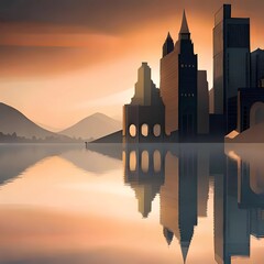 landscape of buildings reflecting in the water Generative AI