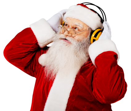 Portrait of smiling santa claus in headphones on  background