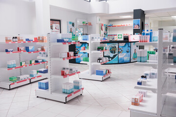 Empty pharmacy store full with pharmaceutical product and treatment on shelves, used by customers...
