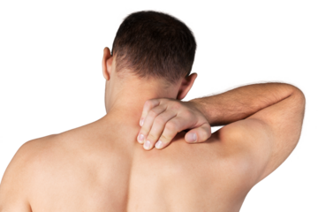 Strong man with neck pain, back view