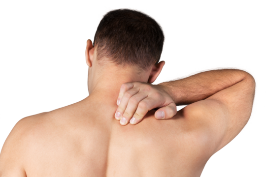 Strong man with neck pain, back view