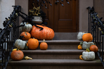 Stairs to a Brownstone Home Decorated with Pumpkins and Gourds during Autumn in Greenwich Village of New York City