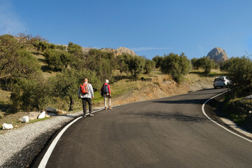 two men with backpacks, backpackers walking along road with magnificent natural scenery, hiking, trekking olive groves, watching nature, concept together travel in Spain, active lifestyle, vacation